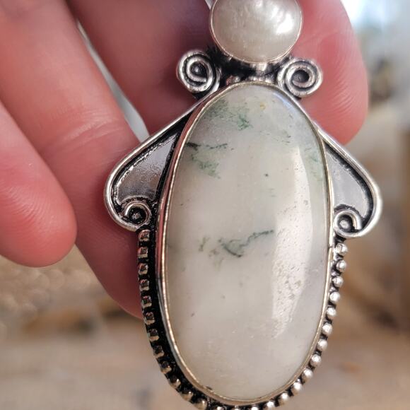 Ethereal White Moss Agate Pendant, Sterling Silver Necklace With Pearl - Picture 5 of 8